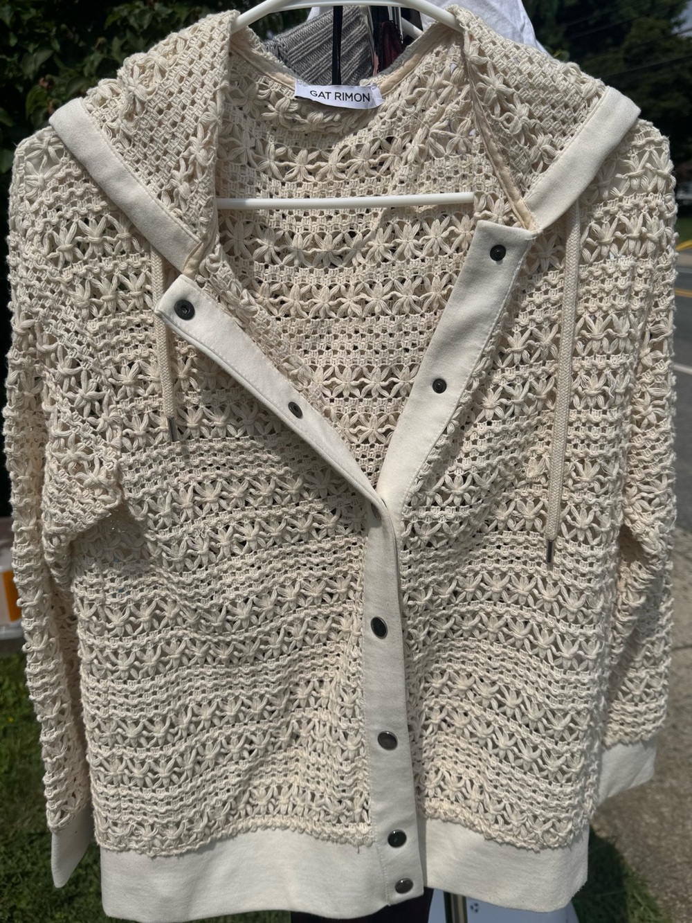Gat Rimon Cream Crochet Openwork Hoodie Sweater